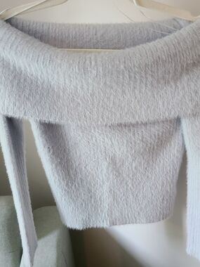 Pink Rose Off-the-Shoulder Fuzzy Sweater in Pale Blue